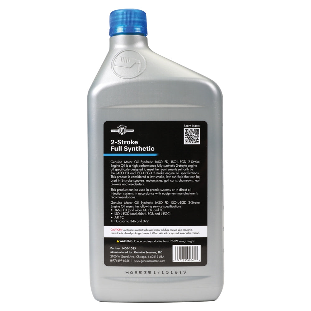 Genuine Motor Oil: Synthetic 2T JASO FD Engine Oil; 1 Quart