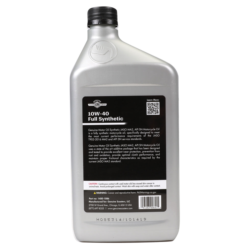 Genuine Motor Oil: 10W-40 JASO MA-2 Engine Oil; 1 Quart