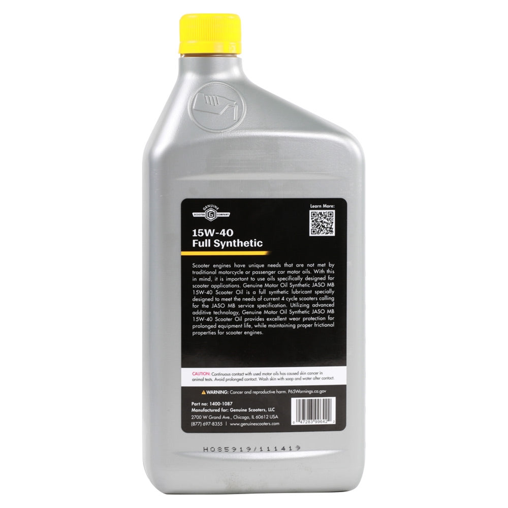 Genuine Motor Oil: 15W-40 JASO MB Engine Oil; 1 Quart